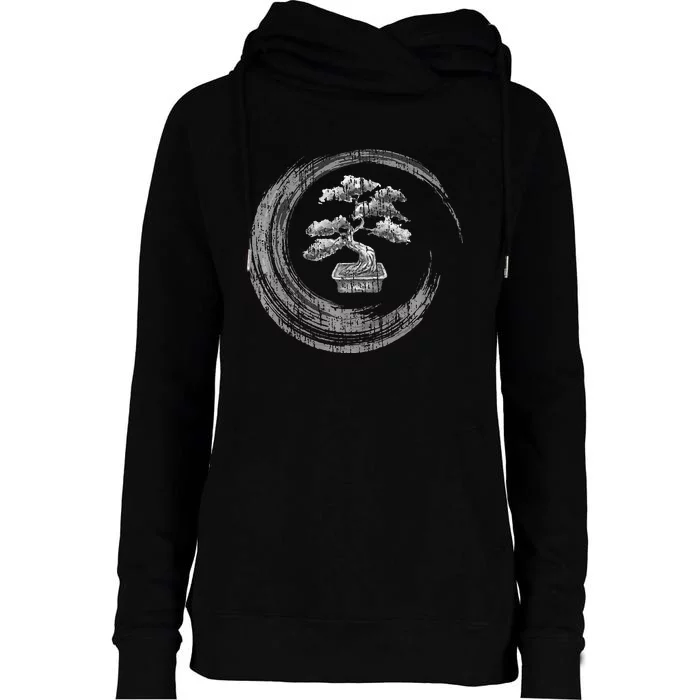 Bonsai Tree Enso Circle Vintage Zen Calligraphy Art Womens Funnel Neck Pullover Hood