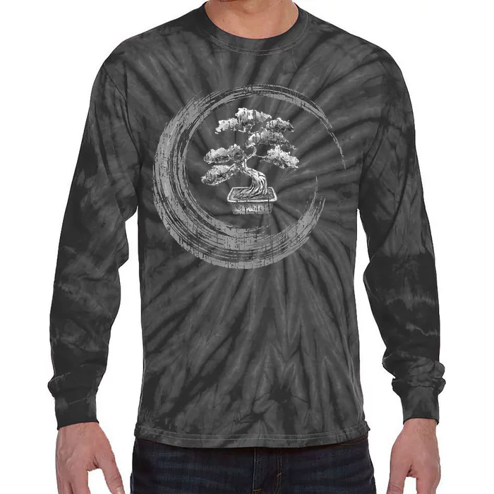 Bonsai Tree Enso Circle Vintage Zen Calligraphy Art Tie-Dye Long Sleeve Shirt