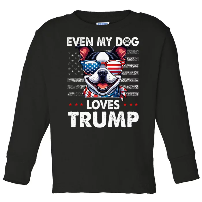 Boston Terrier Even My Dog Loves Trump Funny Toddler Long Sleeve Shirt