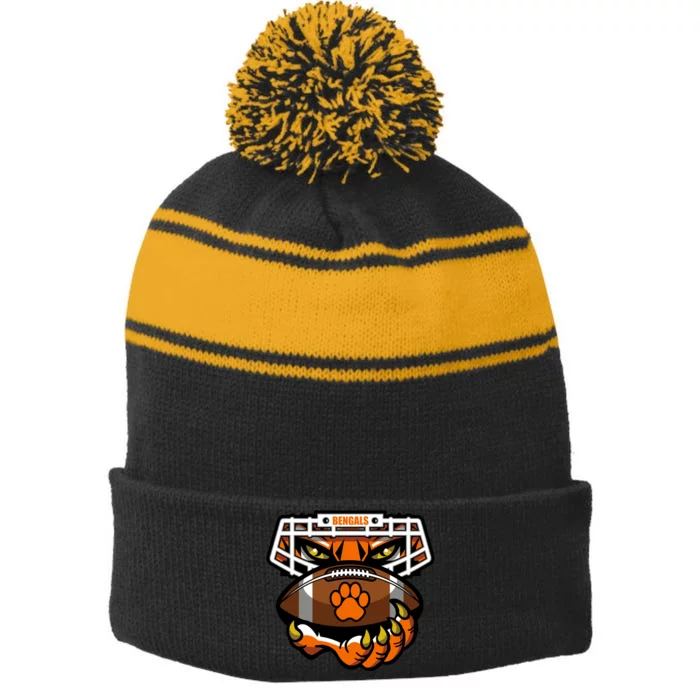 Bengal Tiger Football Stripe Pom Pom Beanie