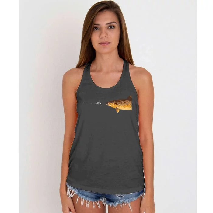 Brown Trout Fishing Hook Fisherman Angler Women's Knotted Racerback Tank