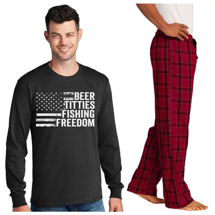 Beer Titties Fishing Freedom Funny Drinking USA Flag Long Sleeve Pajama Set