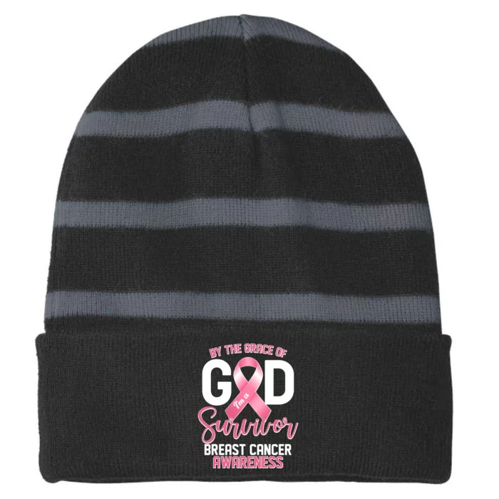 By The Grace Of God IM A Survivor Breast Cancer Awareness Striped Beanie with Solid Band