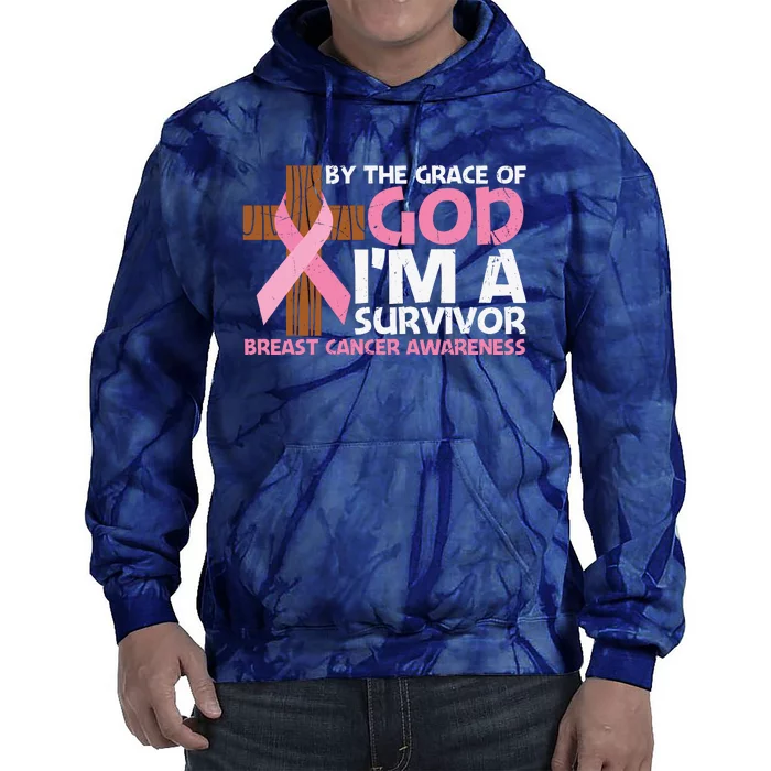 By The Grace Of God I'm A Survivor Breast Cancer Awareness Cross Pink Ribbon Tie Dye Hoodie