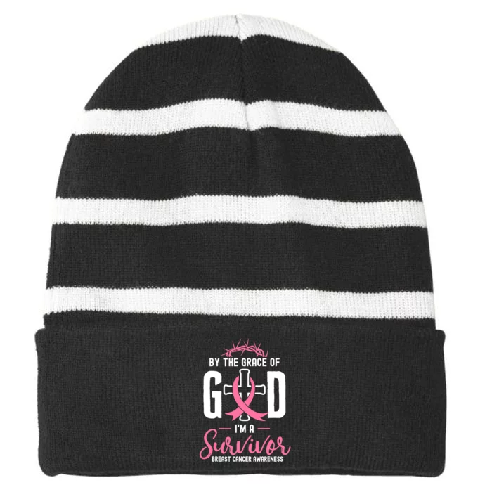 By The Grace Of God I'm A Survivor Fight Breast Cancer Women Striped Beanie with Solid Band