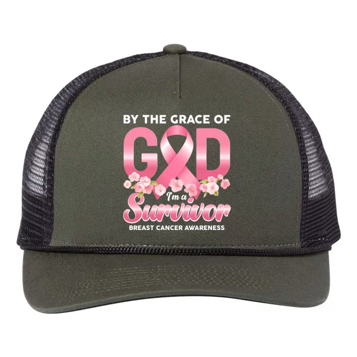 By The Grace Of God Im A Survivor Breast Cancer Awareness Retro Rope Trucker Hat Cap