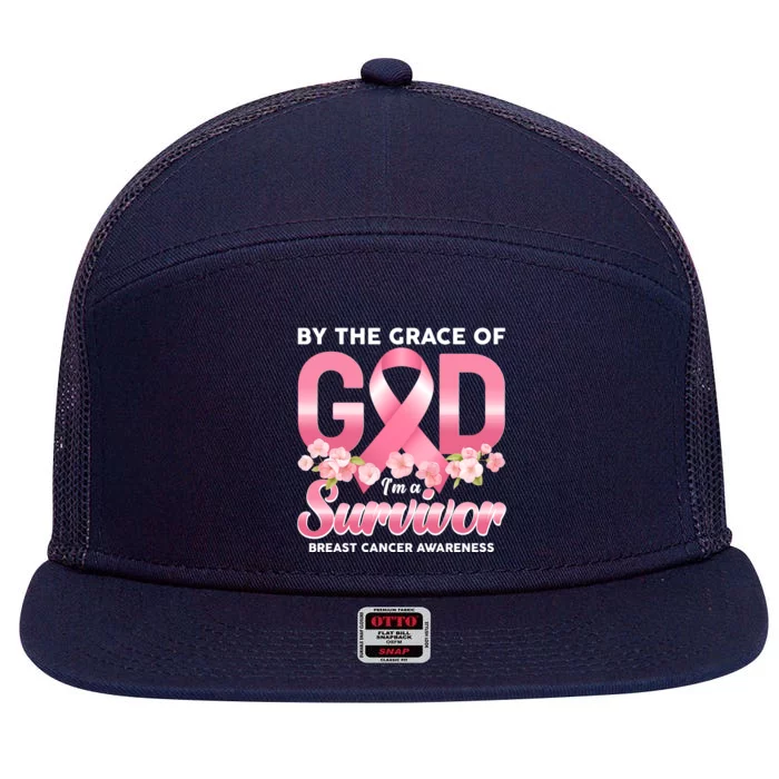 By The Grace Of God Im A Survivor Breast Cancer Awareness 7 Panel Mesh Trucker Snapback Hat