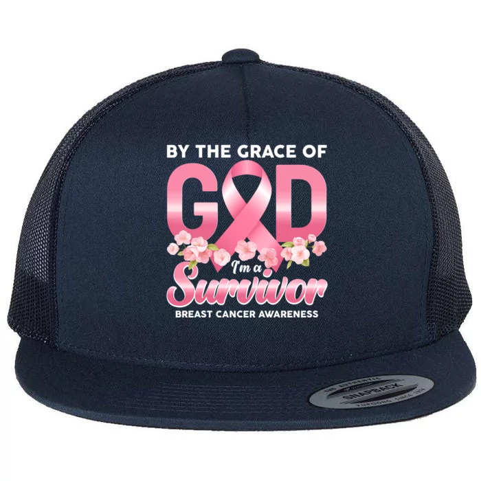 By The Grace Of God Im A Survivor Breast Cancer Awareness Flat Bill Trucker Hat