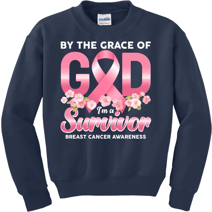 By The Grace Of God Im A Survivor Breast Cancer Awareness Kids Sweatshirt