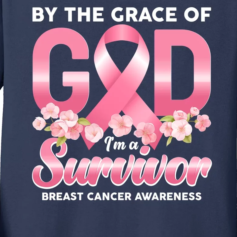 By The Grace Of God Im A Survivor Breast Cancer Awareness Kids Long Sleeve Shirt