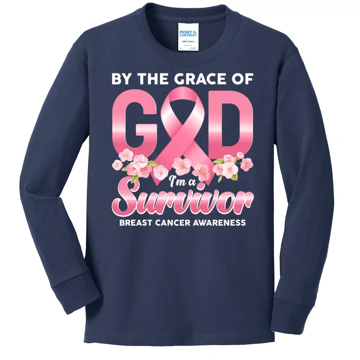 By The Grace Of God Im A Survivor Breast Cancer Awareness Kids Long Sleeve Shirt