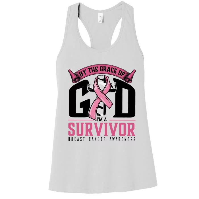 By The Grace Of God Im A Survivor Breast Cancer Awareness Women's Racerback Tank