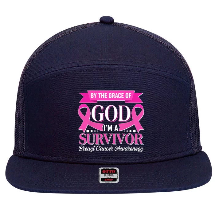 By The Grace Of God I'm A Survivor Breast Cancer Awareness 7 Panel Mesh Trucker Snapback Hat