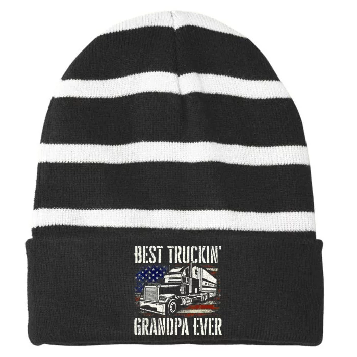 Best Truckin Grandpa Big Rig Semi Truck Driver Trucker Striped Beanie with Solid Band