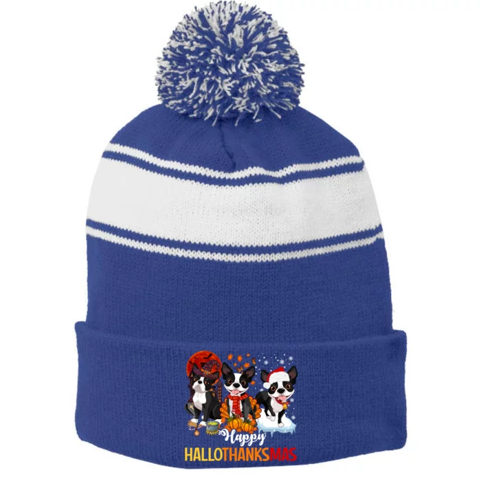 Boston Terrier Hallothanksmas Halloween Thanksgiving Xmas Cute Gift Stripe Pom Pom Beanie