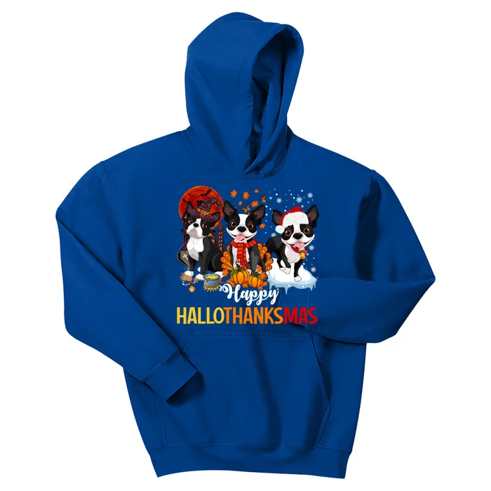 Boston Terrier Hallothanksmas Halloween Thanksgiving Xmas Cute Gift Kids Hoodie