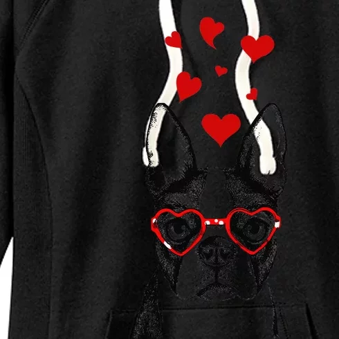 Boston Terrier Heart Glasses Funny Cute Dog Valentine's Day Women's Fleece Hoodie