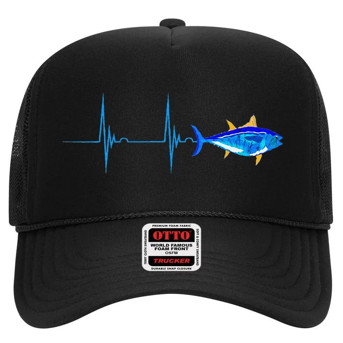 Bluefin Tuna Heartbeat EKG Pulseline Deep Sea Fishing High Crown Mesh Trucker Hat