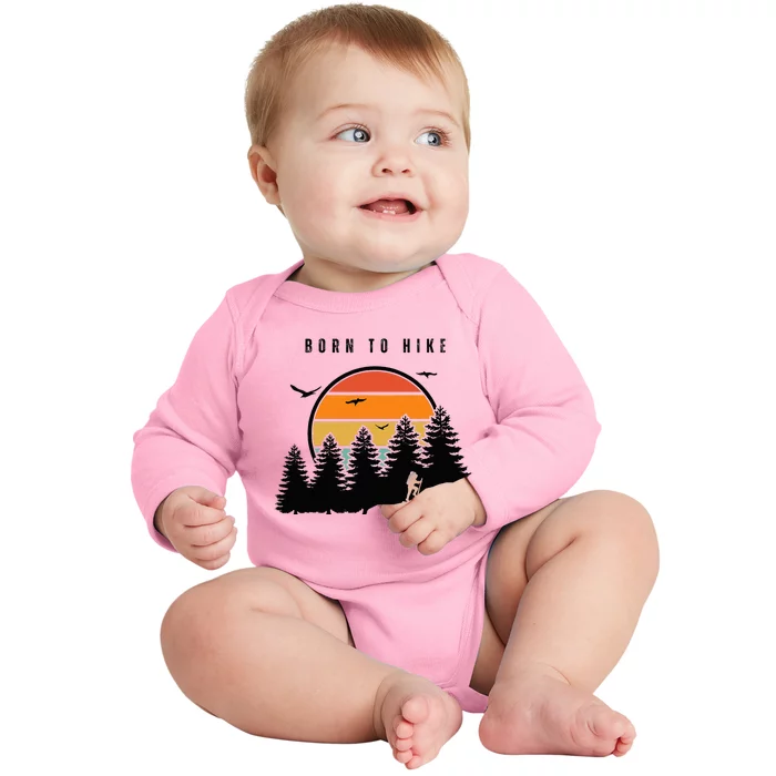 Born to Hike Retro Sunset Style Front Backpacking Camping Baby Long Sleeve Bodysuit