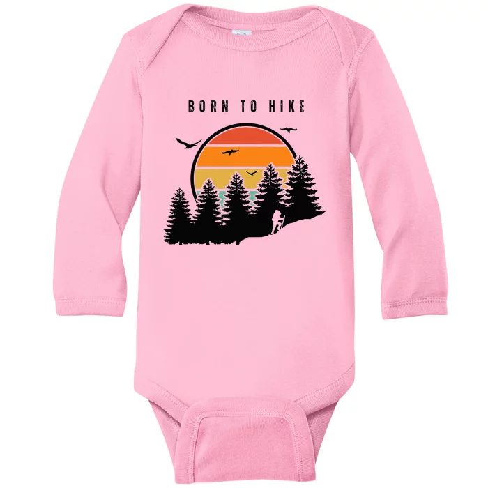 Born to Hike Retro Sunset Style Front Backpacking Camping Baby Long Sleeve Bodysuit