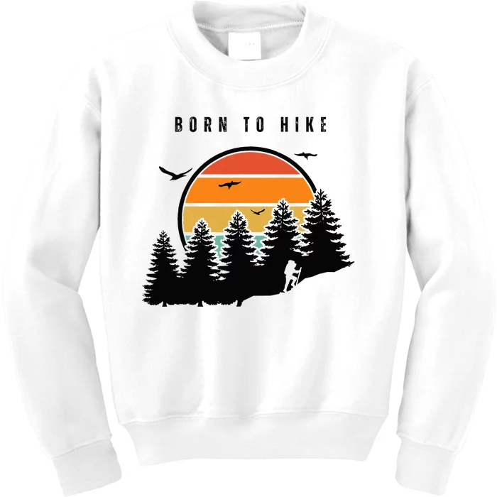 Born to Hike Retro Sunset Style Front Backpacking Camping Kids Sweatshirt