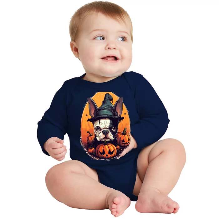 Boston Terrier Halloween Witch Pumpkin Dog Lover Gift Baby Long Sleeve Bodysuit