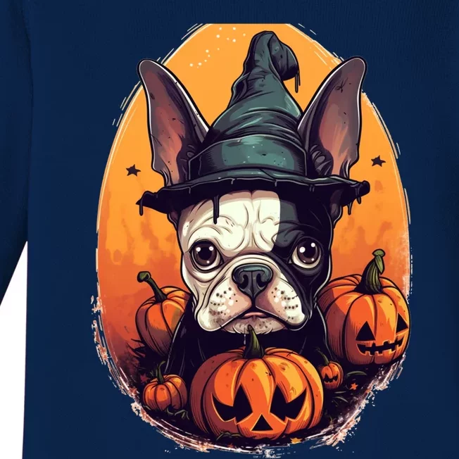 Boston Terrier Halloween Witch Pumpkin Dog Lover Gift Baby Long Sleeve Bodysuit