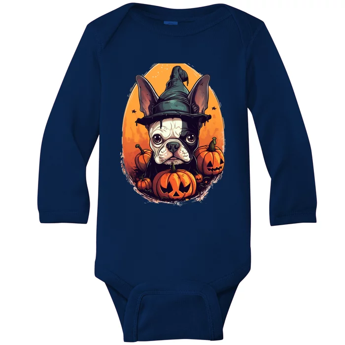 Boston Terrier Halloween Witch Pumpkin Dog Lover Gift Baby Long Sleeve Bodysuit