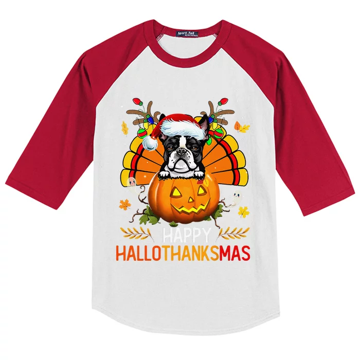 Boston Terrier Happy Hallothanksmas Halloween Christmas Kids Colorblock Raglan Jersey