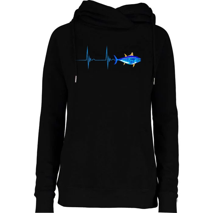 Bluefin Tuna Heartbeat Ekg Pulseline Deep Sea Fishing Womens Funnel Neck Pullover Hood