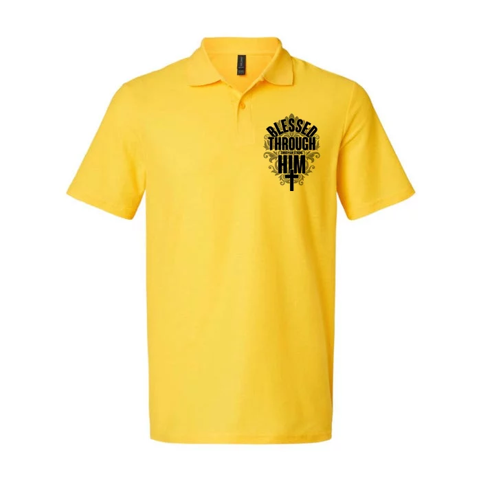 Blessed Through Him Christian Strong Softstyle Adult Sport Polo