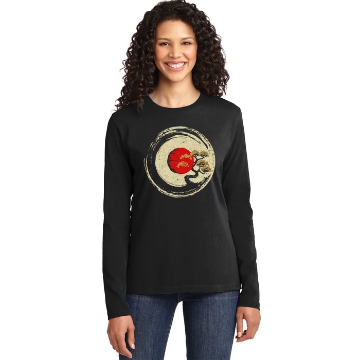 Bonsai Tree In Japanese Zen Buddhist Enso Circle Ladies Long Sleeve Shirt