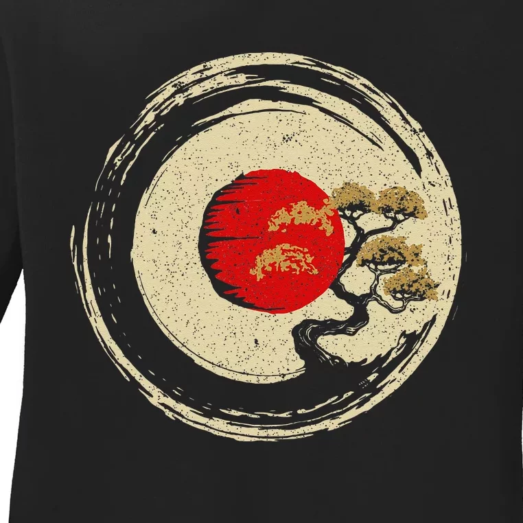 Bonsai Tree In Japanese Zen Buddhist Enso Circle Ladies Long Sleeve Shirt