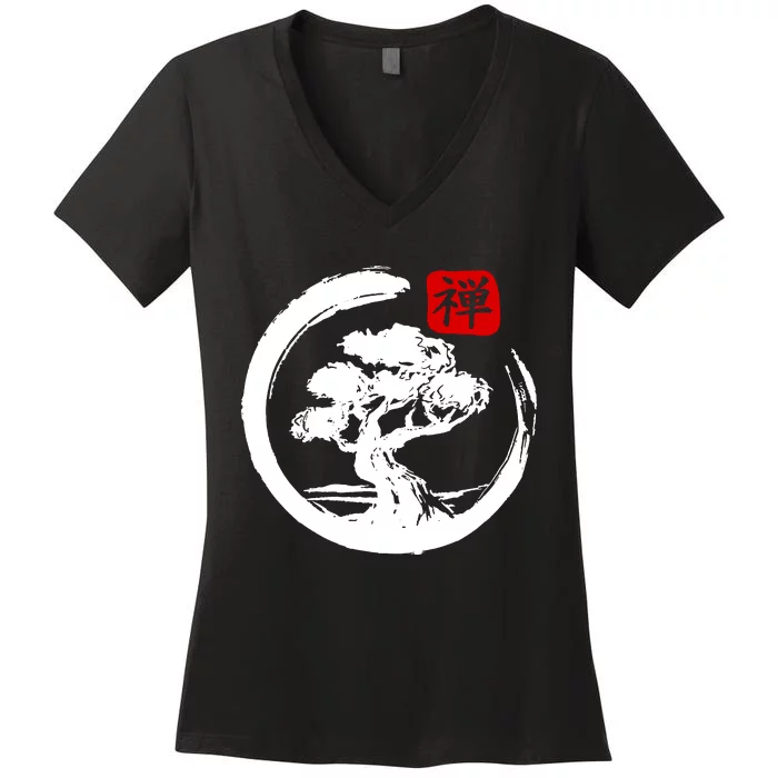 Bonsai Tree Japanese Calligraphy Bonsai Women's V-Neck T-Shirt