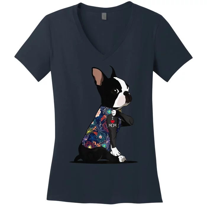 Boston Terrier Lover I Love Mom Tattoo Floral Mothers Day Women's V-Neck T-Shirt