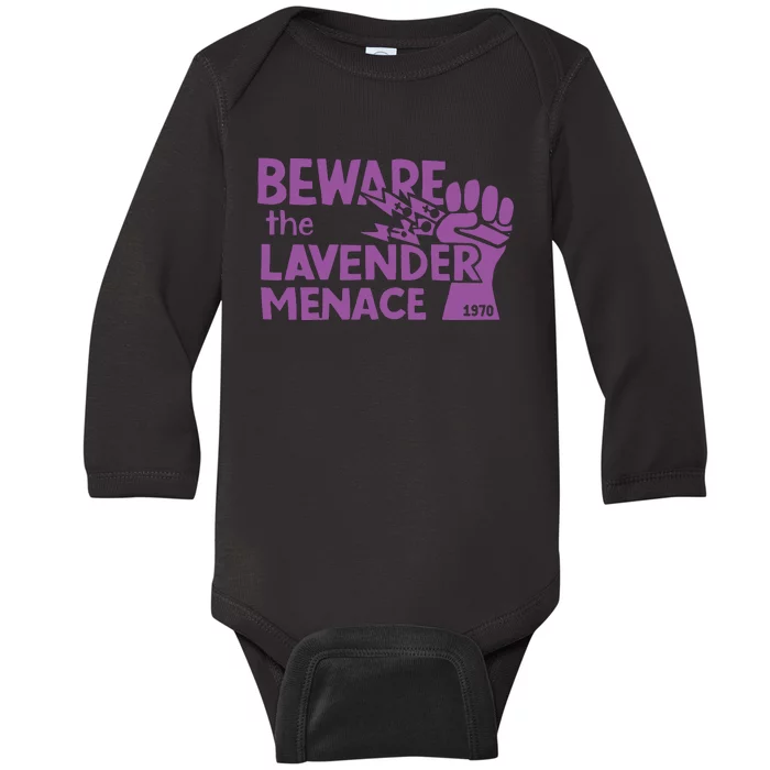 Beware The Lavender Menace 1970 Pride Lesbian Lavender Menace LGBT LGBTQ Baby Long Sleeve Bodysuit