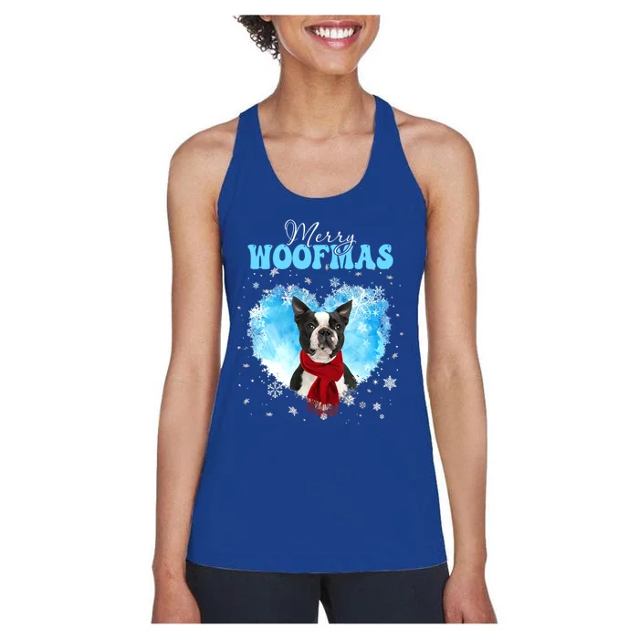 Boston Terrier Merry Woofmas Christmas Heart Winter Great Gift Women's Racerback Tank