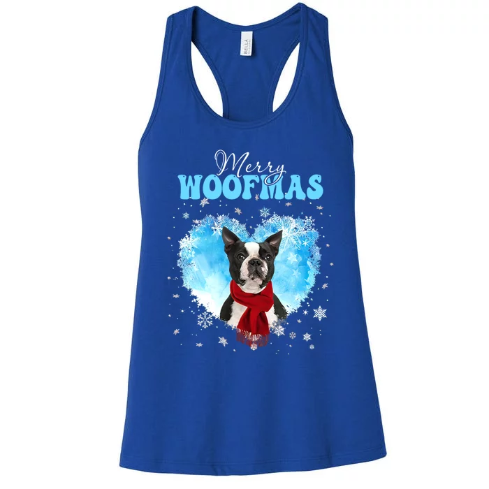 Boston Terrier Merry Woofmas Christmas Heart Winter Great Gift Women's Racerback Tank