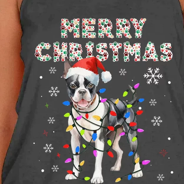 Boston Terrier Merry Christmas Dog Paws Lights Funny Santa Women's Knotted Racerback Tank