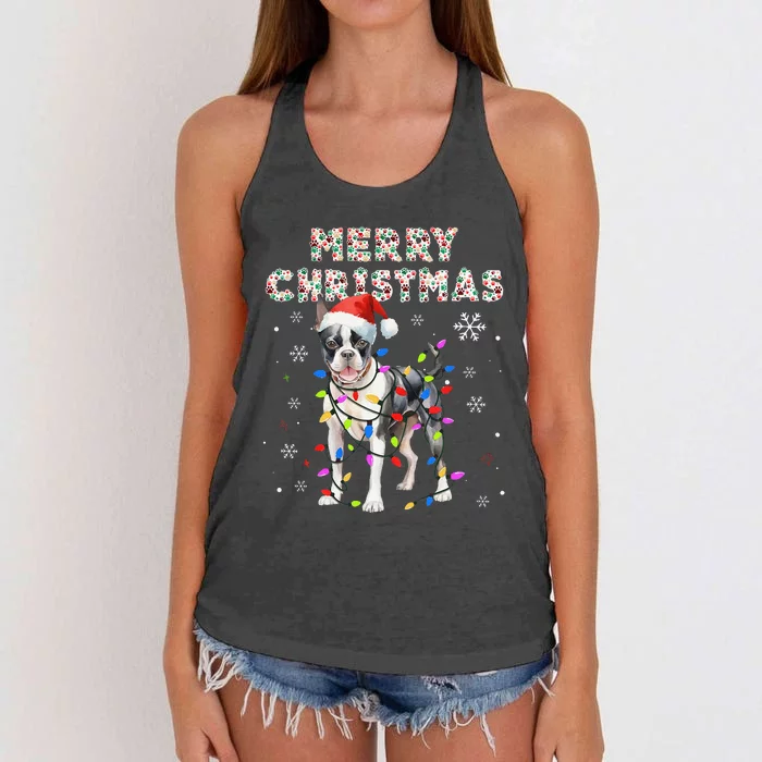 Boston Terrier Merry Christmas Dog Paws Lights Funny Santa Women's Knotted Racerback Tank