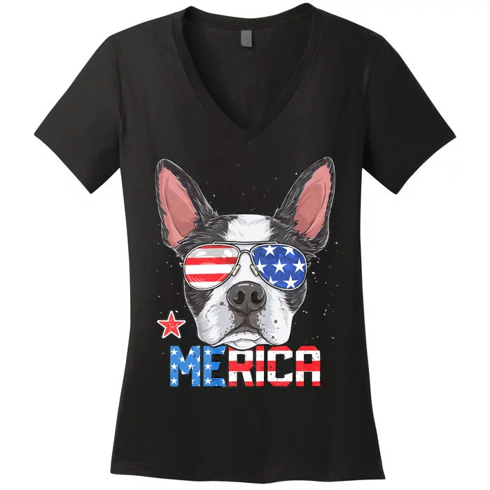 Boston Terrier Merica 4th Of July Dog Puppy Women's V-Neck T-Shirt