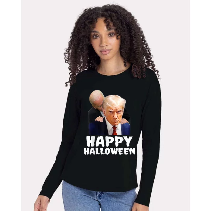 Biden Trump Mugshot Happy Halloween In Prison MUG SHOT Womens Cotton Relaxed Long Sleeve T-Shirt