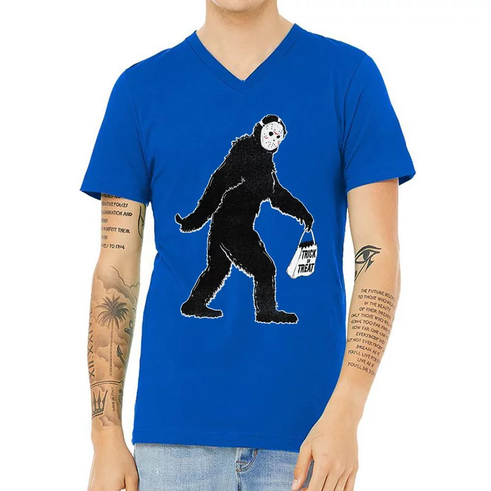 Bigfoot Trick Or Treat Jason Mask Halloween Graphic V-Neck T-Shirt