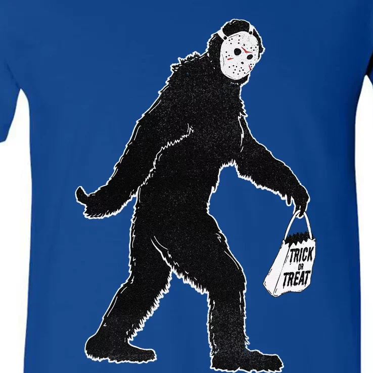 Bigfoot Trick Or Treat Jason Mask Halloween Graphic V-Neck T-Shirt