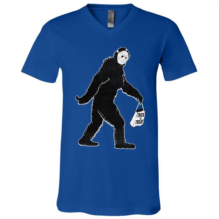 Bigfoot Trick Or Treat Jason Mask Halloween Graphic V-Neck T-Shirt