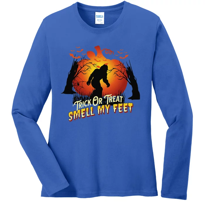 Bigfoot Trick Or Treat Smell My Feet Halloween Pumpkin Moon Ladies Long Sleeve Shirt