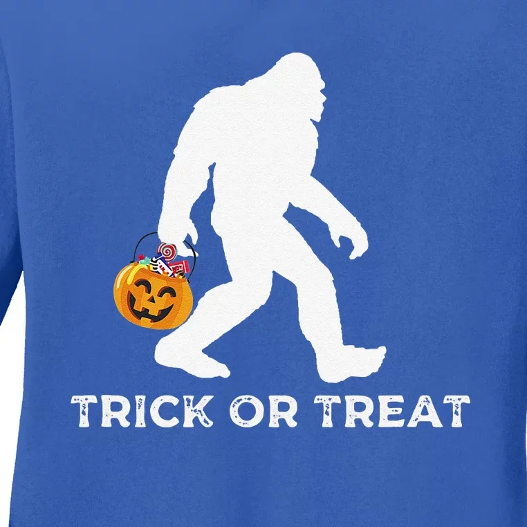 Bigfoot Trick Or Treating Happy Halloween Graphic Ladies Long Sleeve Shirt