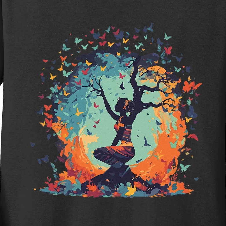 Butterfly Tree Of Life Yoga Kids Long Sleeve Shirt