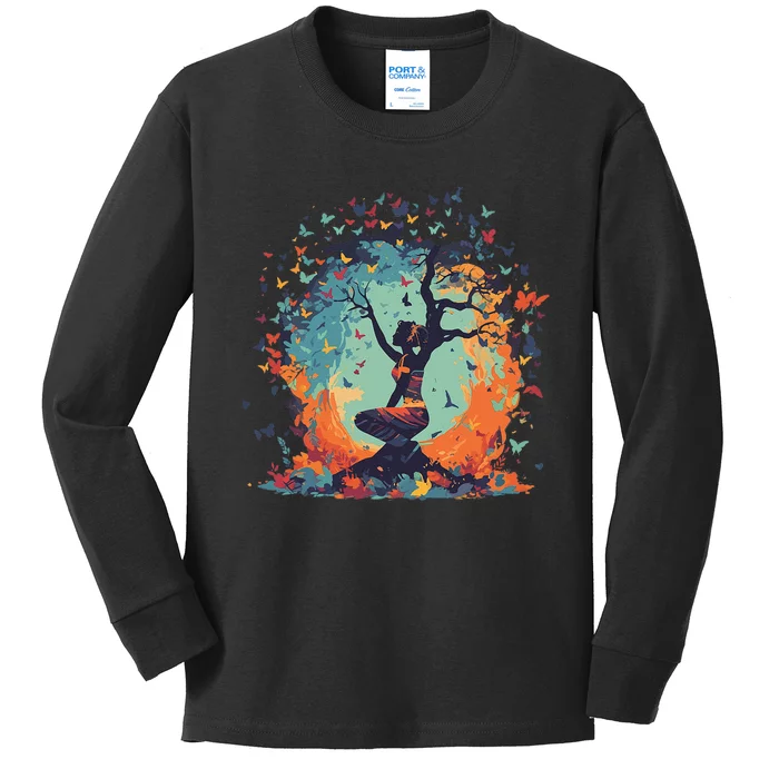 Butterfly Tree Of Life Yoga Kids Long Sleeve Shirt