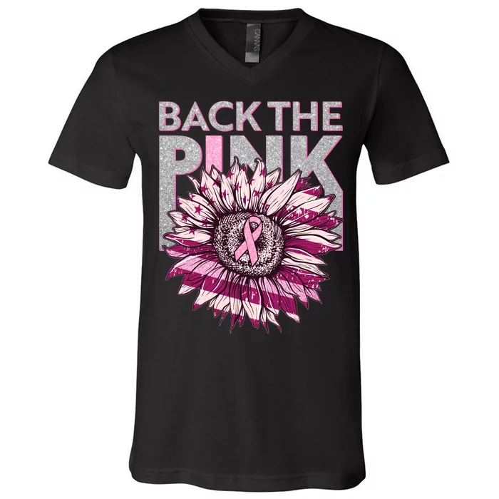 Back The Pink Breast Cancer Awareness Sunflower Ribbon V-Neck T-Shirt